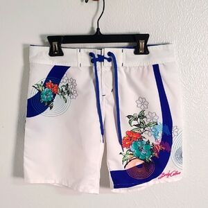 Body Glove White & Blue Swim Shorts with Colorful Flowers, Size S/P